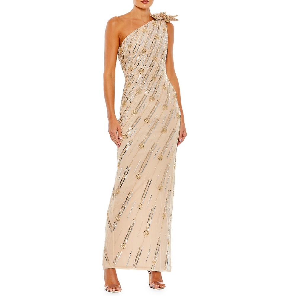 Mac Duggal Cream Asymmetrical Sequin Gown